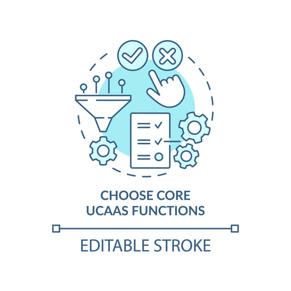 Wählen Sie Kernfunktionen von Ucaas. Türkises Konzeptsymbol. Kommunikationssystem, das eine abstrakte Idee mit dünner Linie darstellt. isolierte Umrisszeichnung. editierbarer Strich. Arial, unzählige pro-fette Schriftarten verwendet vektor