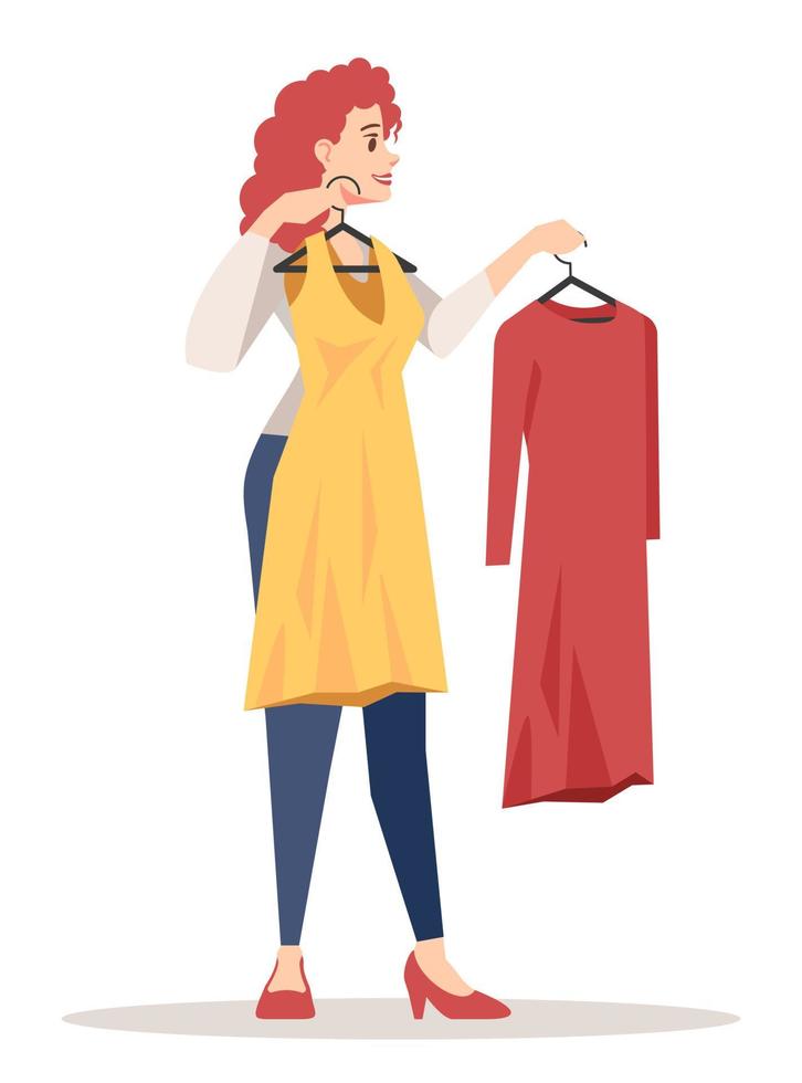 boutique besök semi platt rgb färg vektor illustration. kvinna att välja klänning för händelse isolerade seriefigur på vit bakgrund