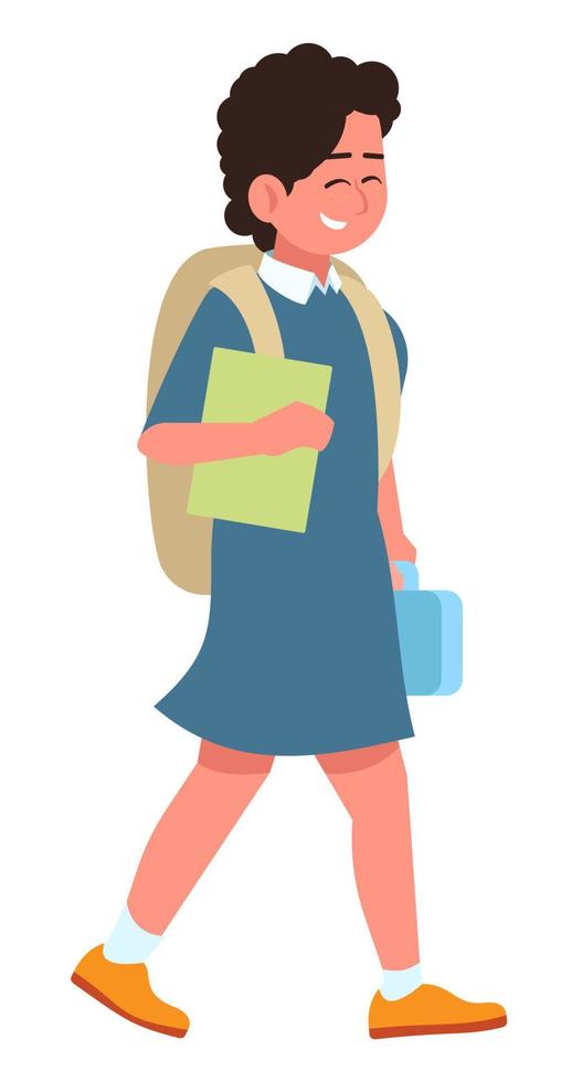 gå till lunch i skolan semi platt rgb färg vektorillustration. glad kvinnlig unge med ryggsäck isolerade seriefigur på vit bakgrund vektor