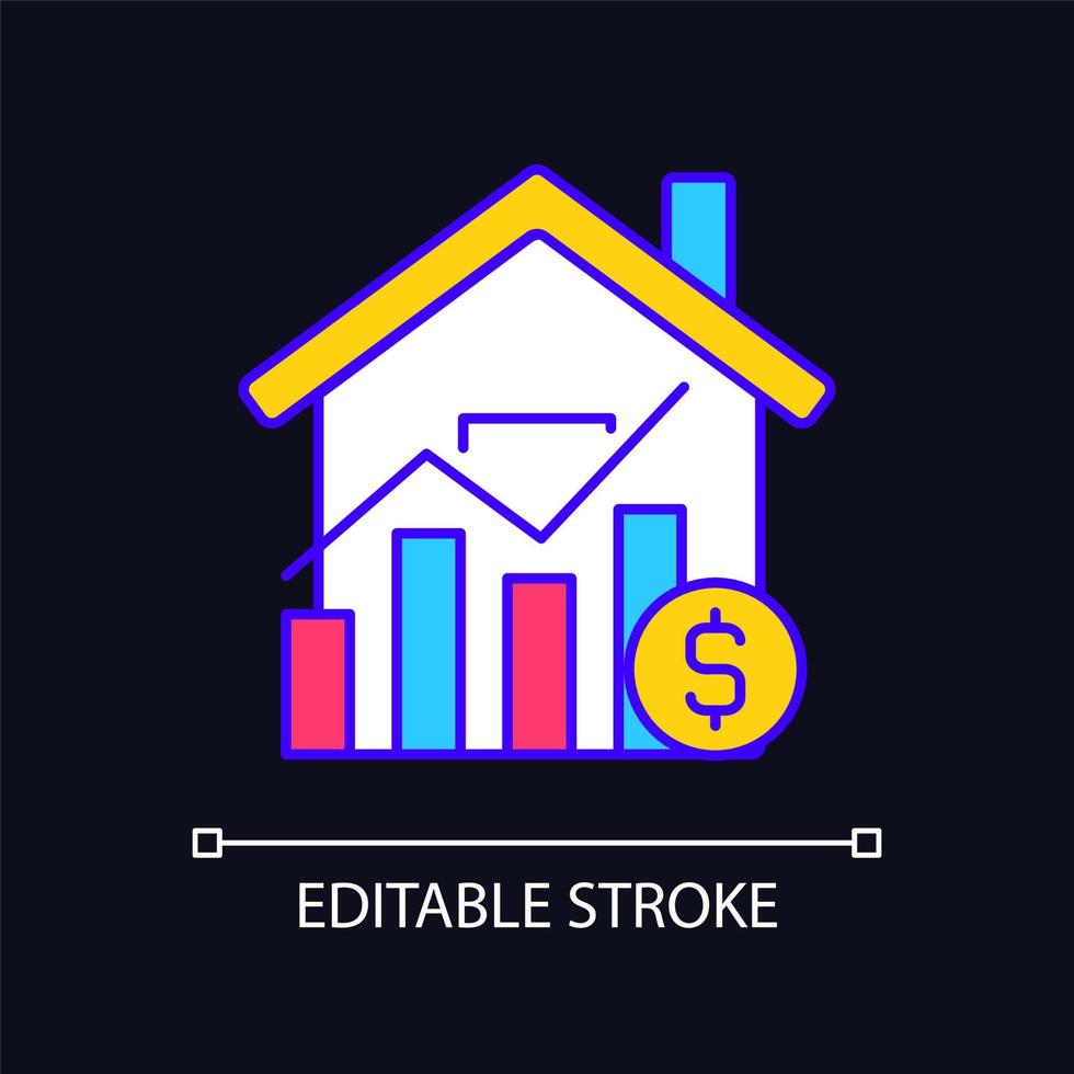 Hausmarktpreise RGB-Farbsymbol für dunkles Thema. Immobilienpreis steigt. Kauf von Immobilien. Immobilienverkauf. einfache gefüllte Strichzeichnung auf dem Hintergrund des Nachtmodus. editierbarer Strich. Schriftart Arial verwendet vektor
