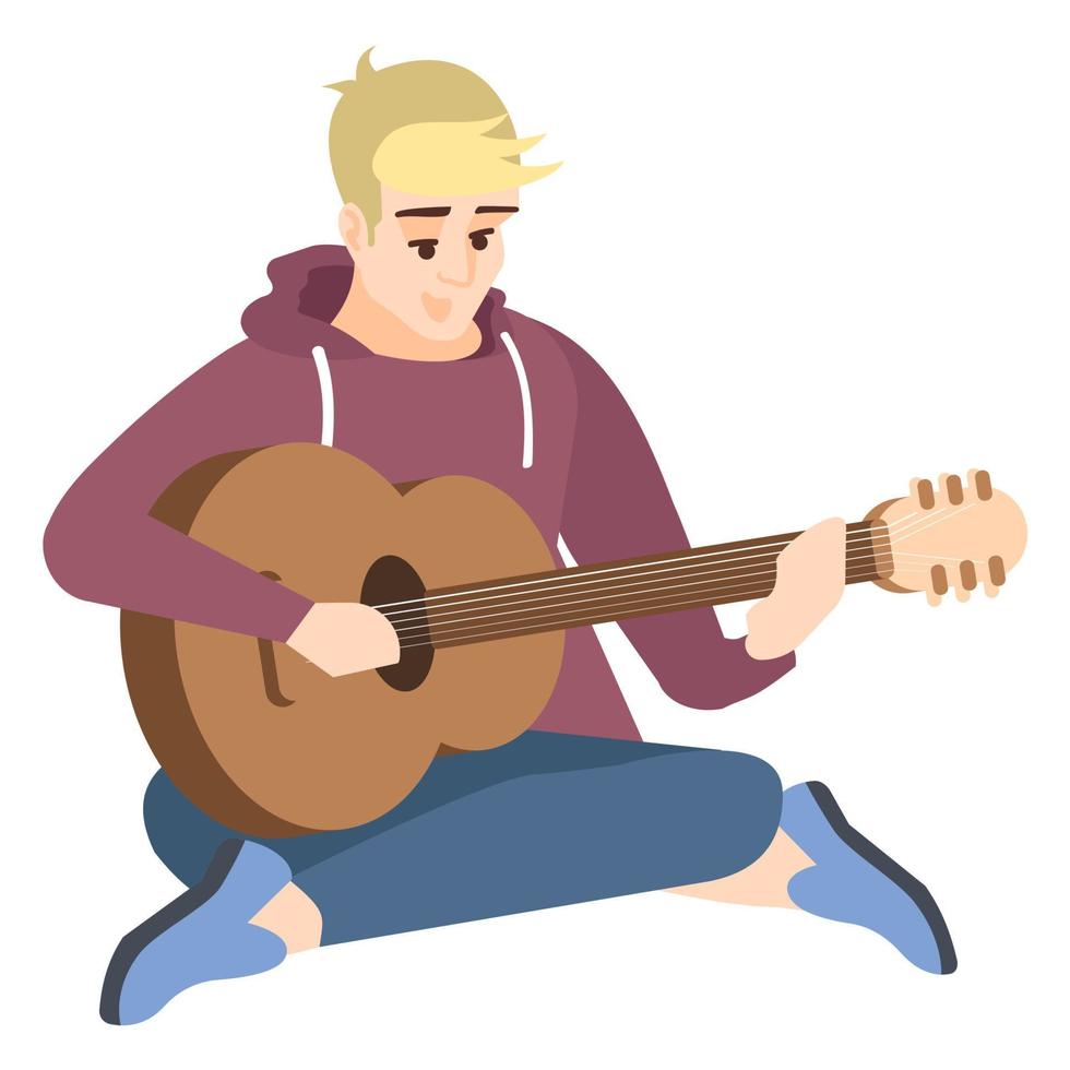 lägereld gitarrist semi platt rgb färg vektorillustration. ung blond kille spelar gitarr isolerade seriefigur på vit bakgrund vektor