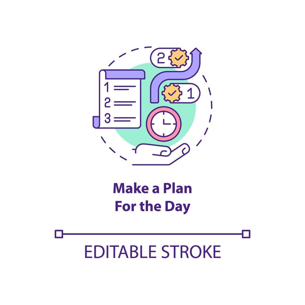 göra en plan för dagen konceptikon. kontrollera dagliga uppgifter i morgon abstrakt idé tunn linje illustration. isolerade konturritning. redigerbar linje. roboto-medium, otaliga pro-bold typsnitt som används vektor