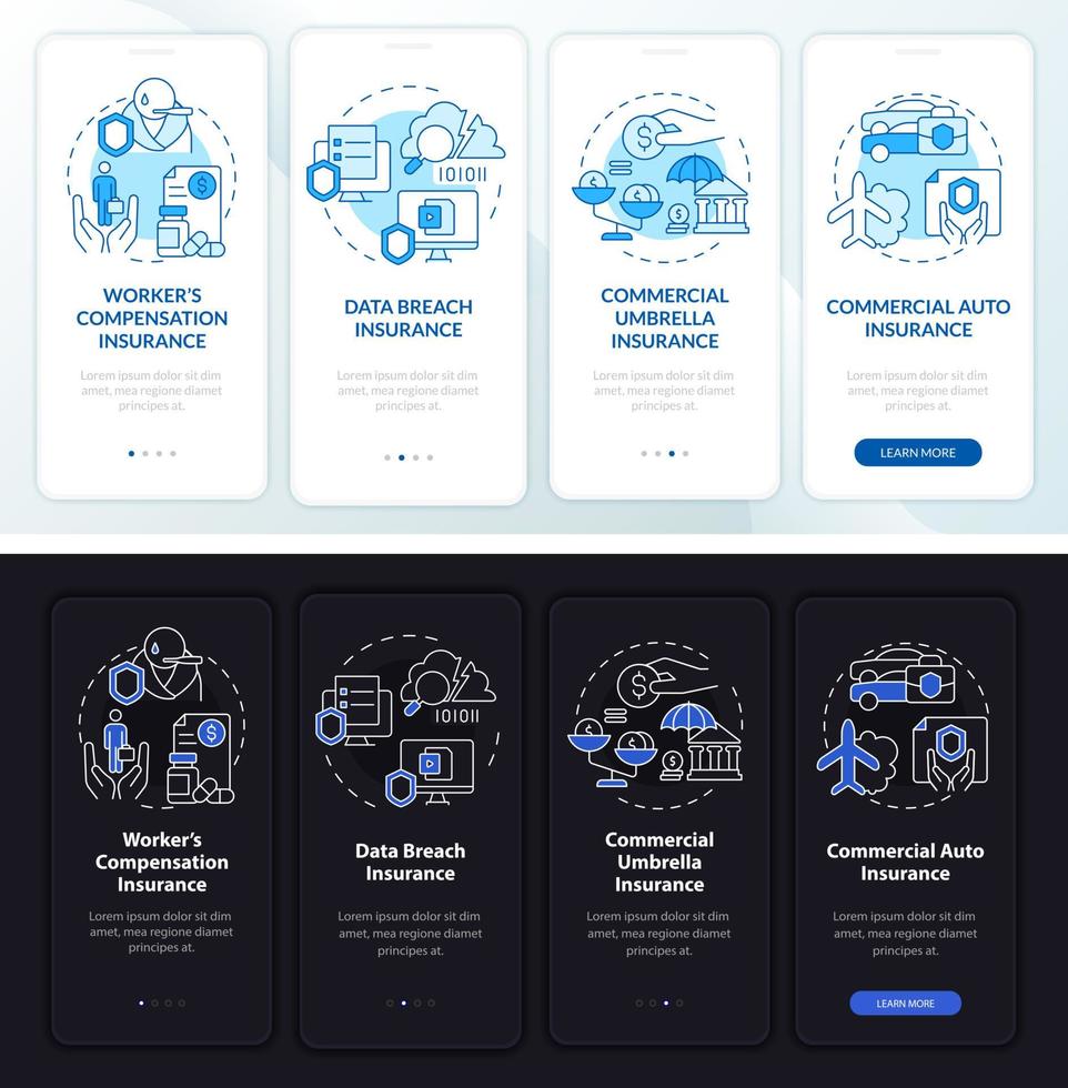 Abdeckungsarten Tag- und Nachtthema beim Onboarding des mobilen App-Bildschirms. versicherte Komplettlösung 4 Schritte grafische Anleitungsseiten mit linearen Konzepten. ui, ux, gui-Vorlage. Unzählige pro-fette, normale Schriftarten werden verwendet vektor