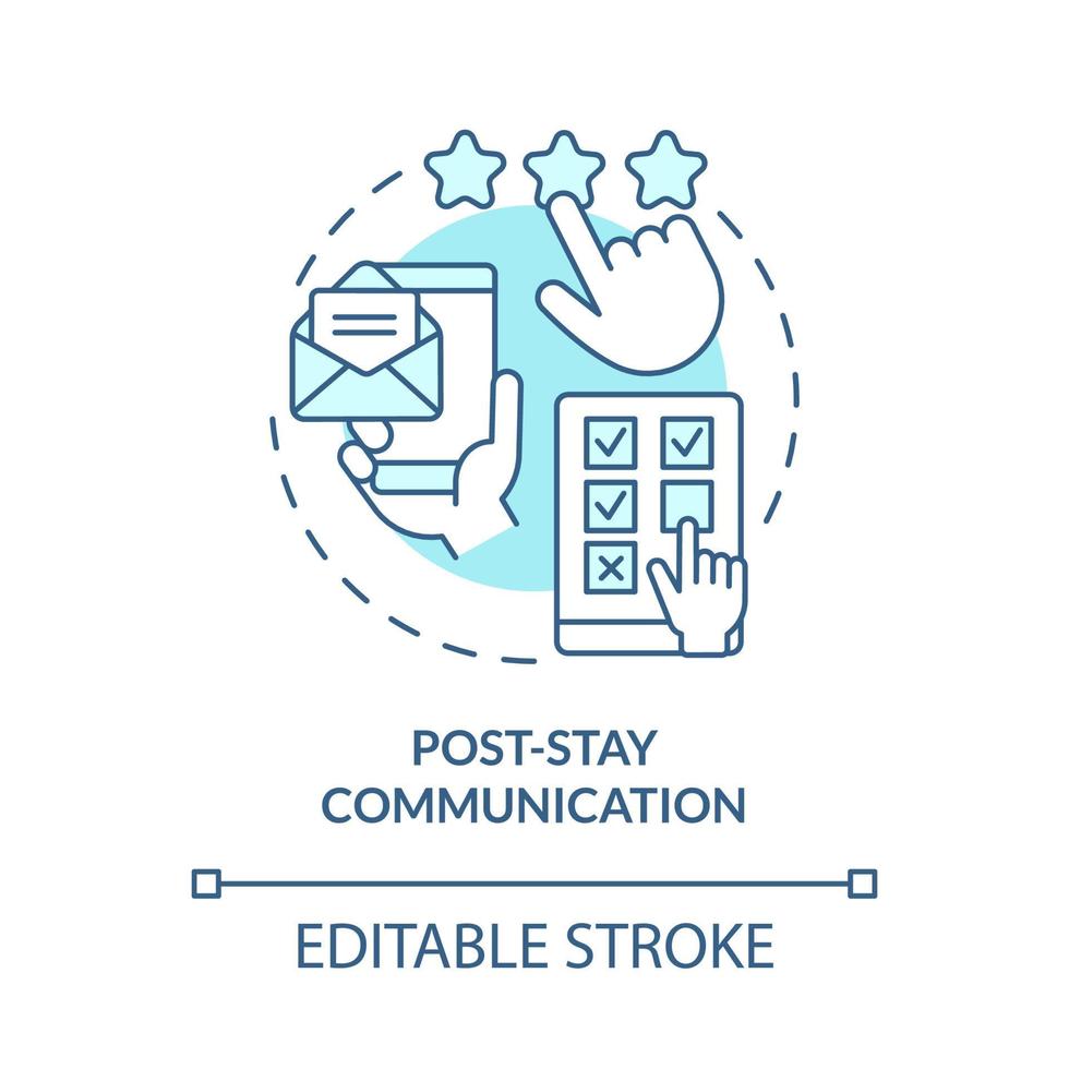 Symbol für das türkisfarbene Konzept für die Kommunikation nach dem Aufenthalt. Kunden kontaktieren. System abstrakte Idee dünne Linie Illustration. isolierte Umrisszeichnung. editierbarer Strich. Roboto-Medium, unzählige pro-fette Schriftarten verwendet vektor