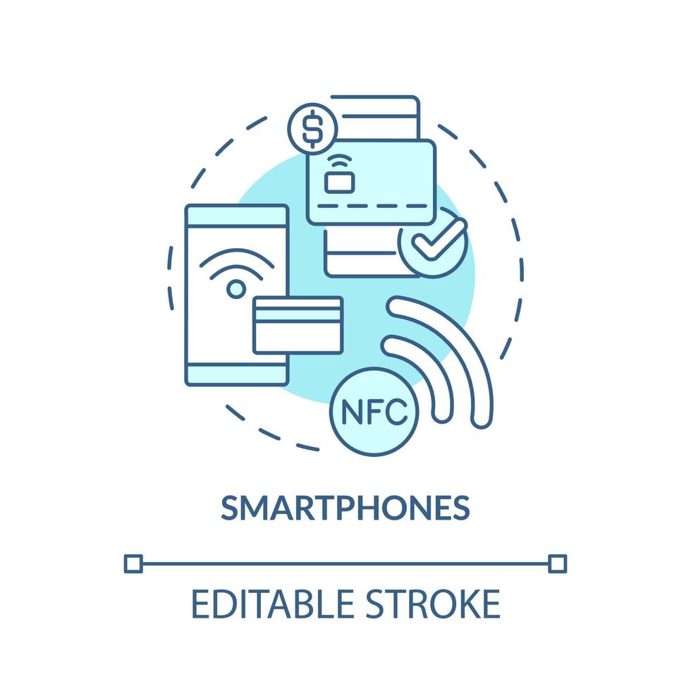 Smartphones türkisfarbenes Konzeptsymbol. NFC-Zahlungslösung. berührungsloses system abstrakte idee dünne linie illustration. isolierte Umrisszeichnung. editierbarer Strich. Roboto-Medium, unzählige pro-fette Schriftarten verwendet vektor