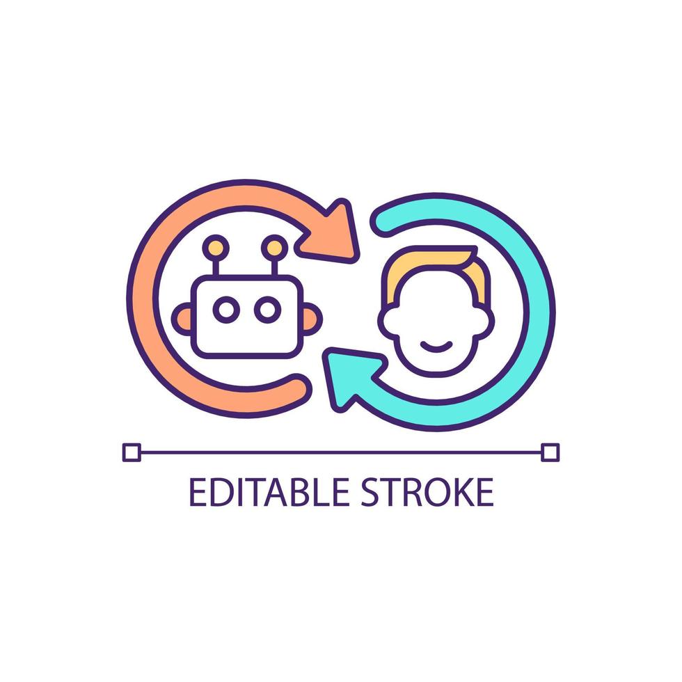 människa och robot interaktion rgb färgikon. högteknologisk innovation. teknologi för utbildning, industriella behov. isolerade vektor illustration. enkel fylld linjeritning. redigerbar linje. arial teckensnitt som används
