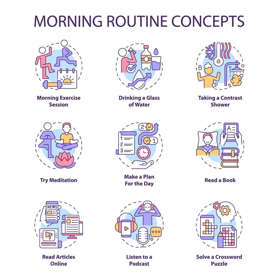 morgen routine konzept symbole gesetzt. Alltagsrituale für Produktivität. gesunde gewohnheiten idee dünne linie farbillustrationen. isolierte Umrisszeichnungen. Roboto-Medium, unzählige pro-fette Schriftarten verwendet vektor