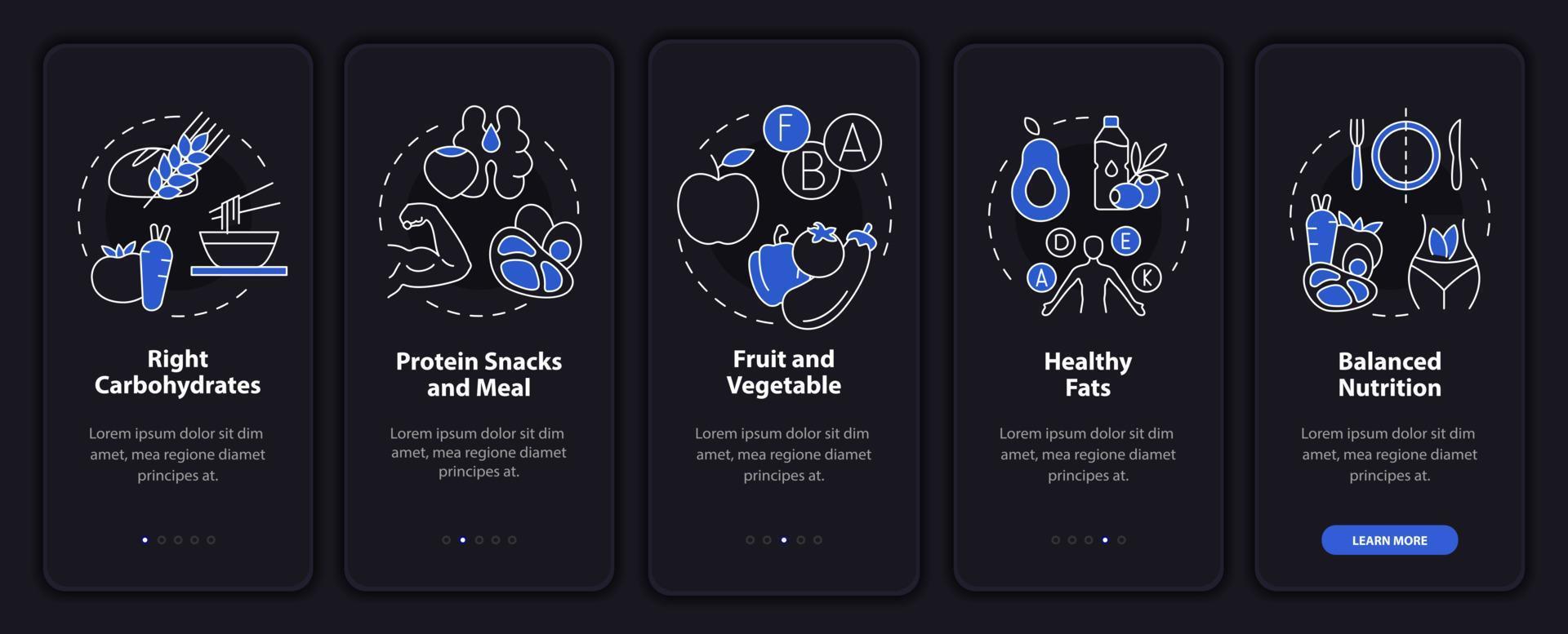 Richtiges Essen für Übungen Nachtmodus beim Onboarding auf dem Bildschirm der mobilen App. Essen Komplettlösung 5 Schritte grafische Anleitungsseiten mit linearen Konzepten. ui, ux, gui-Vorlage. Unzählige pro-fette, normale Schriftarten werden verwendet vektor