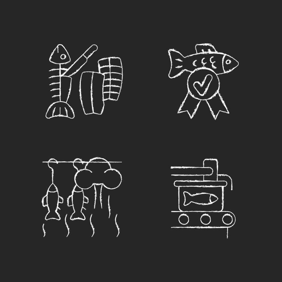 fiskprodukter beredning kritvita ikoner på mörk bakgrund. fiskrökning och konservering. carving filé. kvalitetskontroll av skaldjur. isolerade svarta tavlan illustrationer på svart vektor