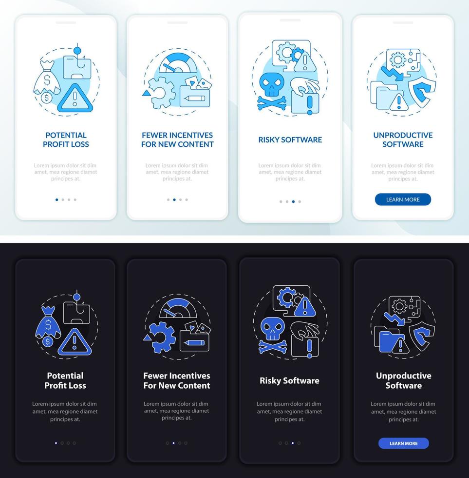 Nachteile der Online-Piraterie beim Onboarding auf der Seite der mobilen App. Profit-Loss-Walkthrough 4 Schritte grafische Anweisungen mit Konzepten. ui, ux, gui-vektorvorlage mit linearen nacht- und tagmodusillustrationen vektor