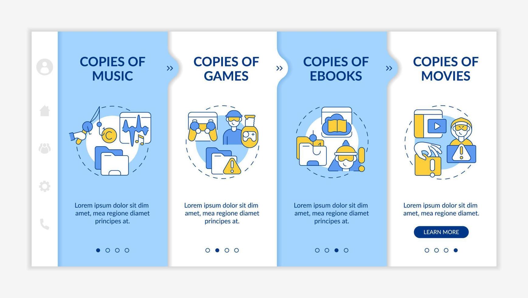 olaglig kopiering onboarding vektor mall. responsiv mobilwebbplats med ikoner. webbsida genomgång skärmar med 4 steg. kopior av e-böcker och filmer färgkoncept med linjära illustrationer