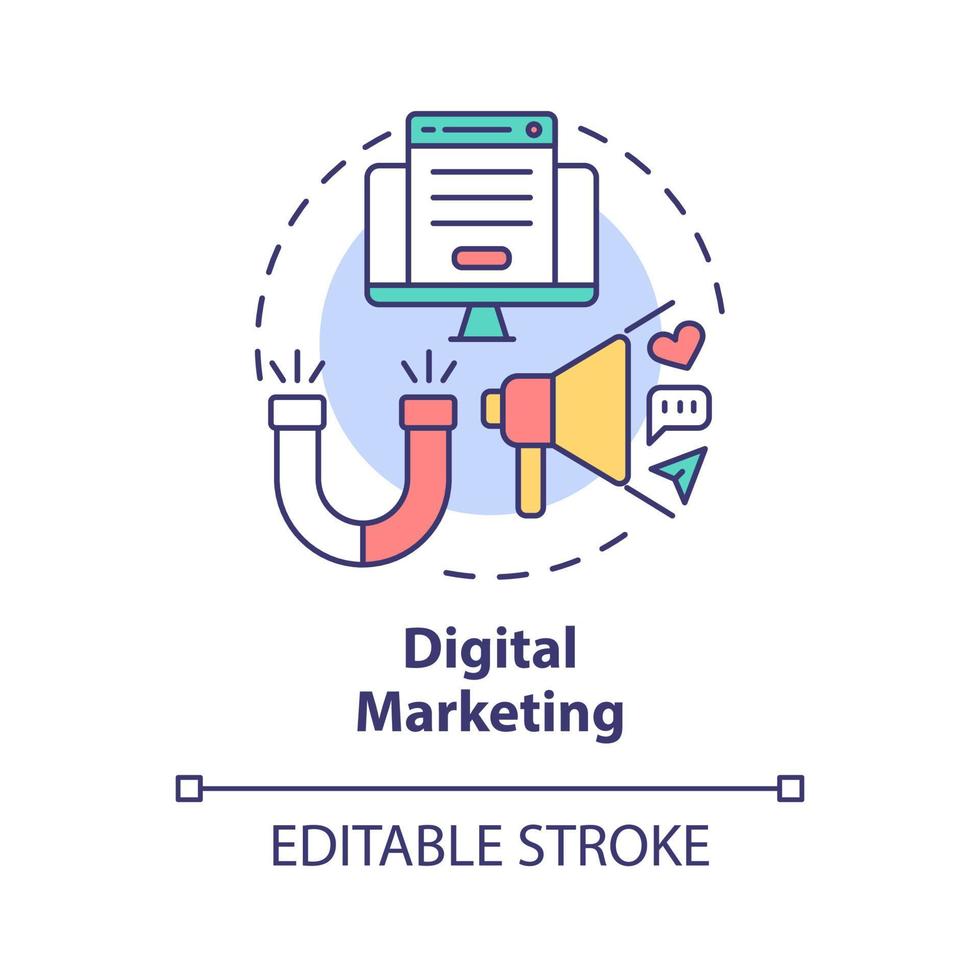 digital marknadsföring koncept ikon. online entreprenör skicklighet abstrakt idé tunn linje illustration. nå potentiella kunder via sociala medier. vektor isolerade kontur färgritning. redigerbar linje