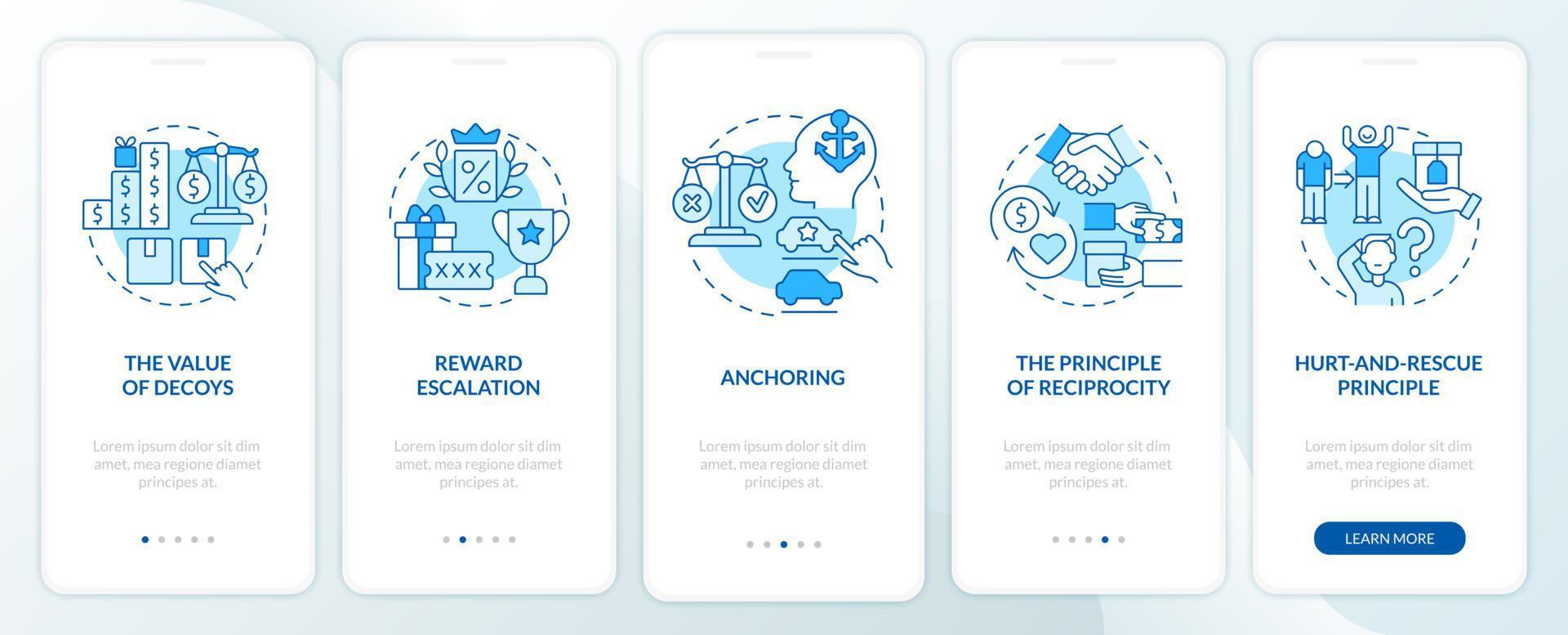 Neuromarketing-Kanonen beim Onboarding auf der Seite der mobilen App. Customer Anchoring Bias Walkthrough 5 Schritte grafische Anleitungen mit Konzepten. ui, ux, gui-vektorvorlage mit linearen farbillustrationen vektor