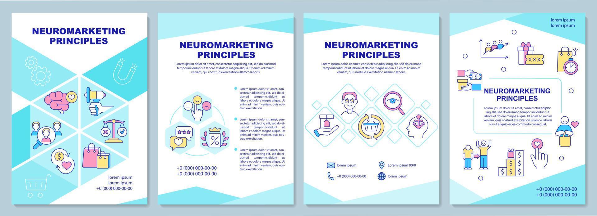 broschyrmall för neuromarketingprinciper. emotionell marknadsföring. flygblad, häfte, broschyrtryck, omslagsdesign med linjära ikoner. vektorlayouter för presentation, årsredovisningar, annonssidor vektor