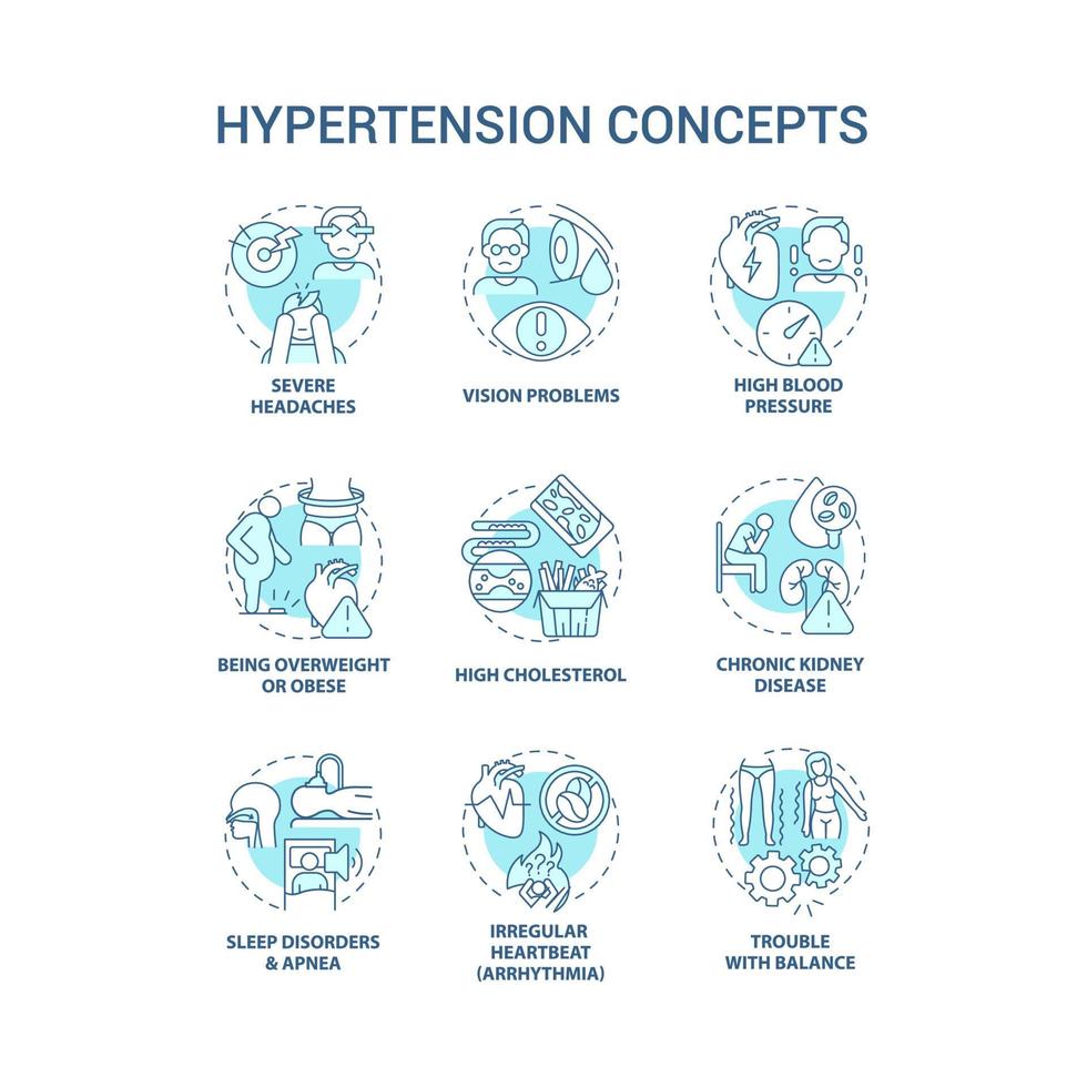 högt blodtryck koncept ikoner set. högt blodtryck tillstånd idé tunn linje färgillustrationer. svår huvudvärk. synproblem. högt kolesterol. vektor isolerade konturritningar. redigerbar linje