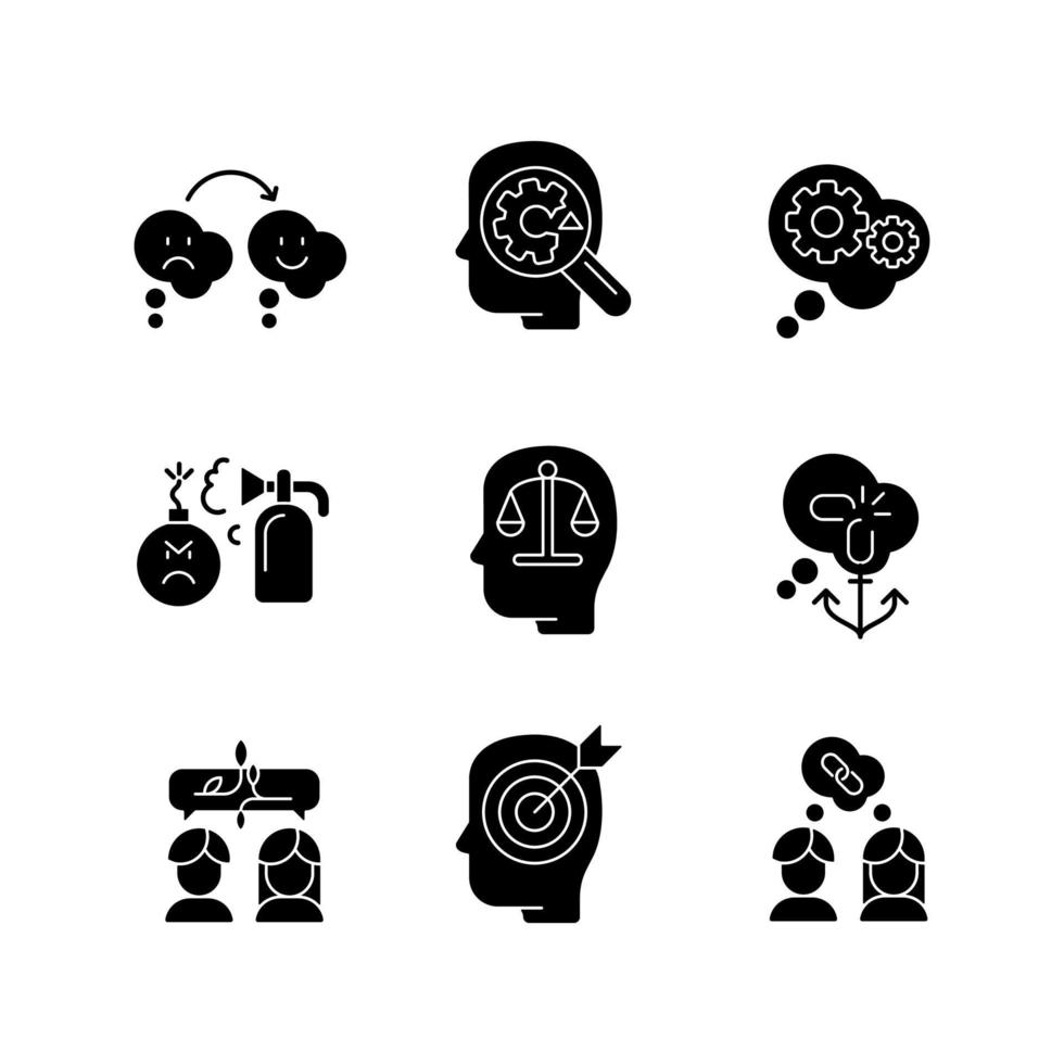 kritische Denkweise und Haltung schwarze Glyphen-Symbole auf weißem Raum. Rationalität und kritisches Denken. emotionale Intelligenz. Schwachstellen verstehen. Silhouettensymbole. vektor isolierte illustration