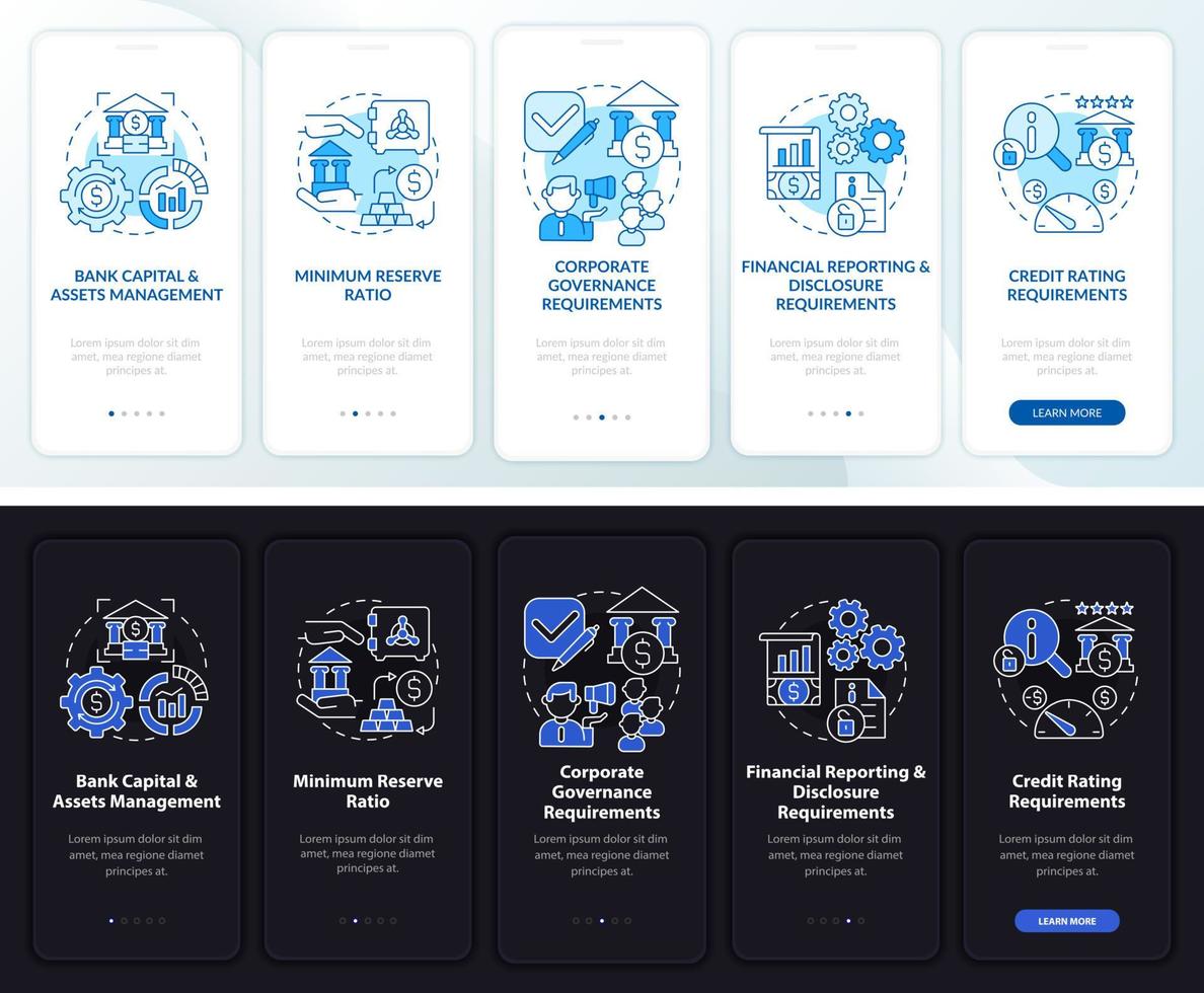 Bildschirm der Bankaufsicht beim Onboarding der mobilen App-Seite. Vermögensverwaltung Walkthrough 5 Schritte grafische Anweisungen mit Konzepten. ui, ux, gui-vektorvorlage mit linearen nacht- und tagmodusillustrationen vektor