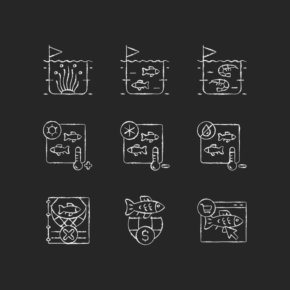 Fischzucht und Lagerung von kreideweißen Symbolen auf dunklem Hintergrund. Sterilisation und Konservierung. kommerzielle Fischerei. Wärmebehandlung. isolierte vektortafelillustrationen auf schwarz vektor