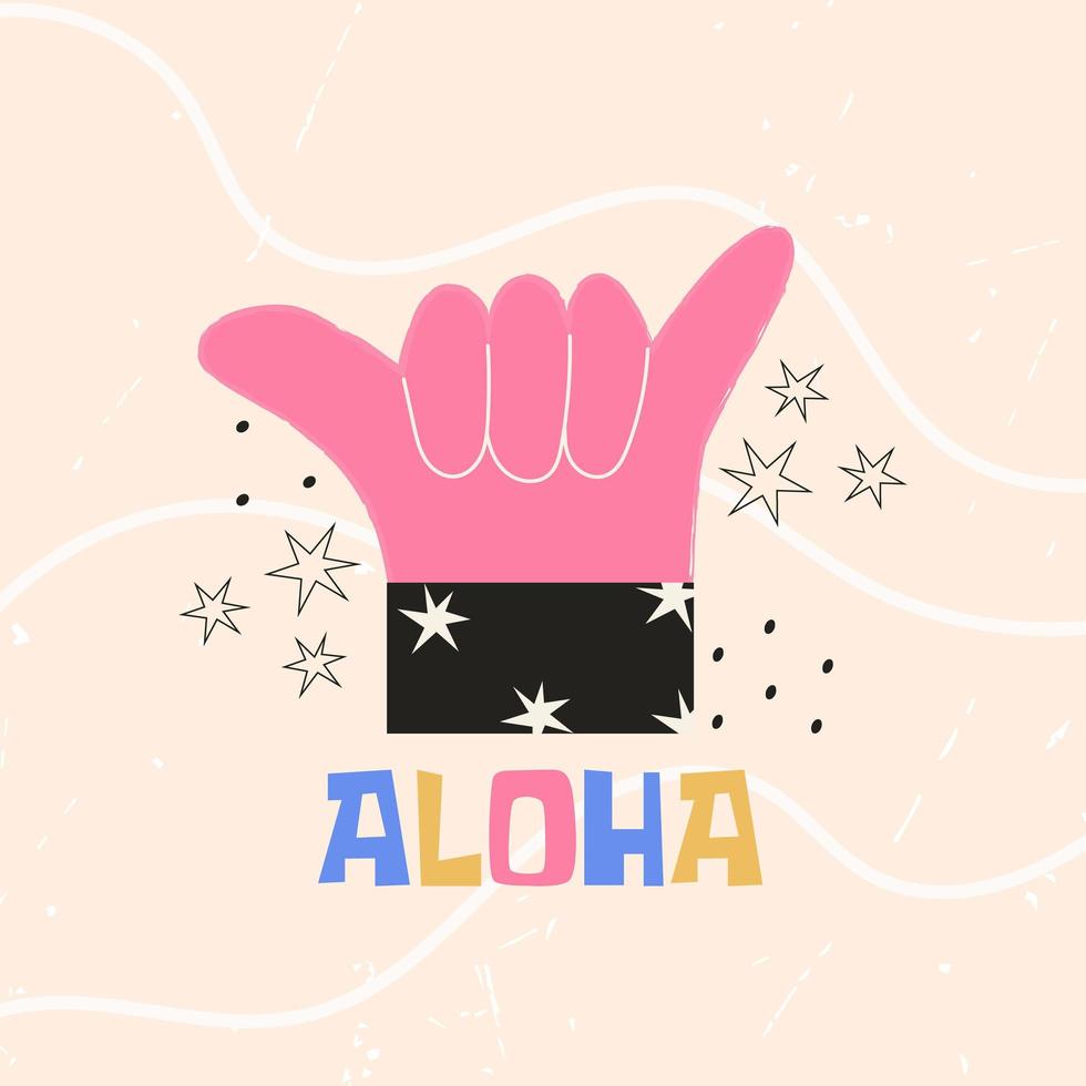 shaka hand tecken gest med aloha text. färgglad vektor platt illustration för klistermärke, t-shirt tryck, affisch