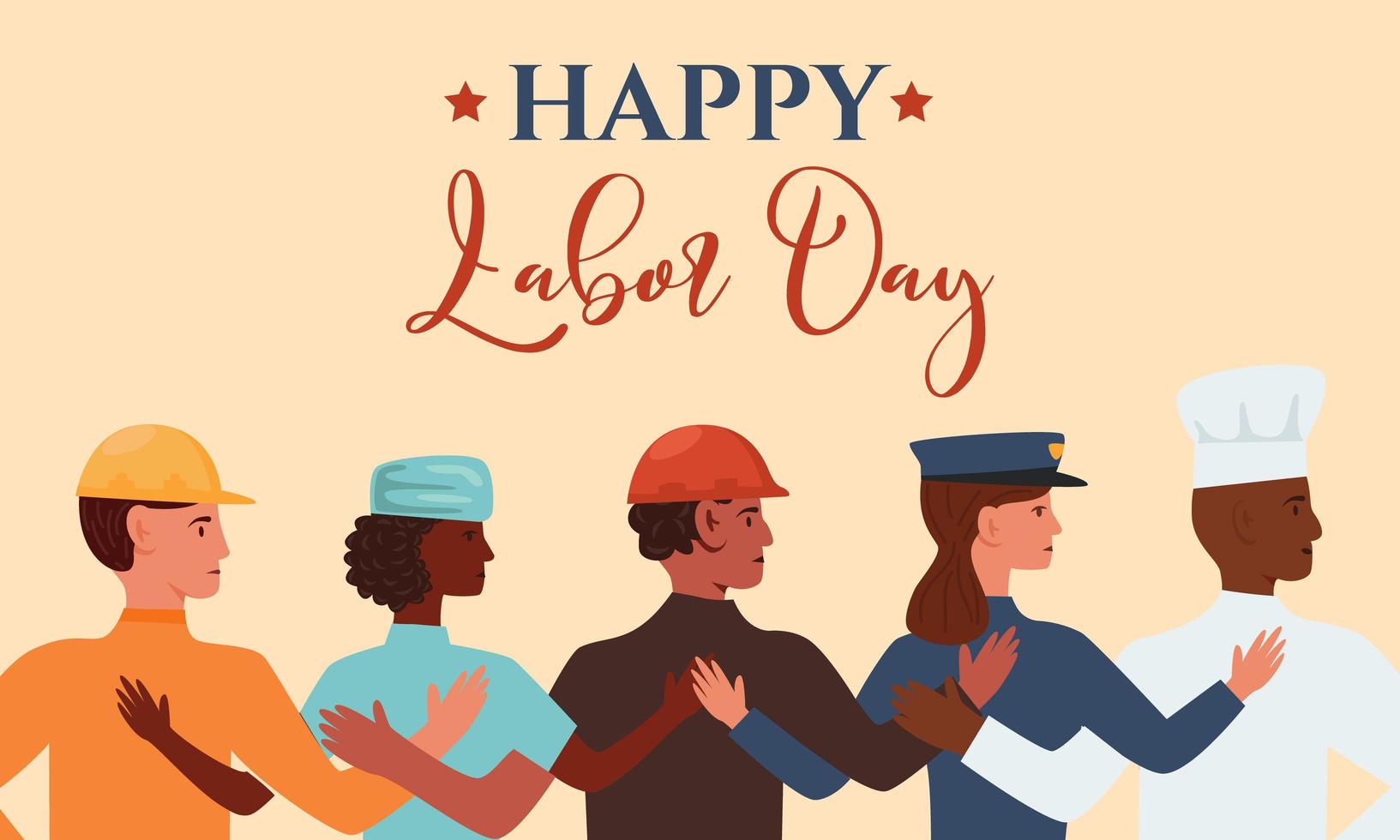 Happy Labor Day Vektor flaches Banner. illustration mit menschengruppe unterschiedlicher berufe. Berufe Feuerwehrmann, Baumeister, Arzt, Polizist und Koch