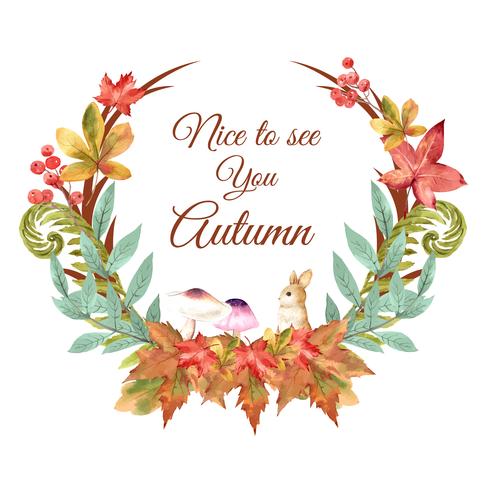Herbstsaison-Kranzrahmen mit Blättern und Tier. Herbstgrußkarten perfekt für Druck, Einladung, Schablone, kreatives Aquarellvektor-Illustrationsdesign vektor