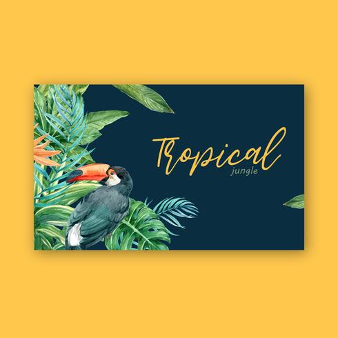 Sommar för tropisk ramgränsdesign med exotiska växter med blad, kreativ design för akvarellvektorillustrationmall vektor