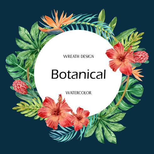 Sommar för tropisk kransvirveldesign med exotiska växter för bladverk, kreativ design för mallar för akvarellvektorillustration vektor