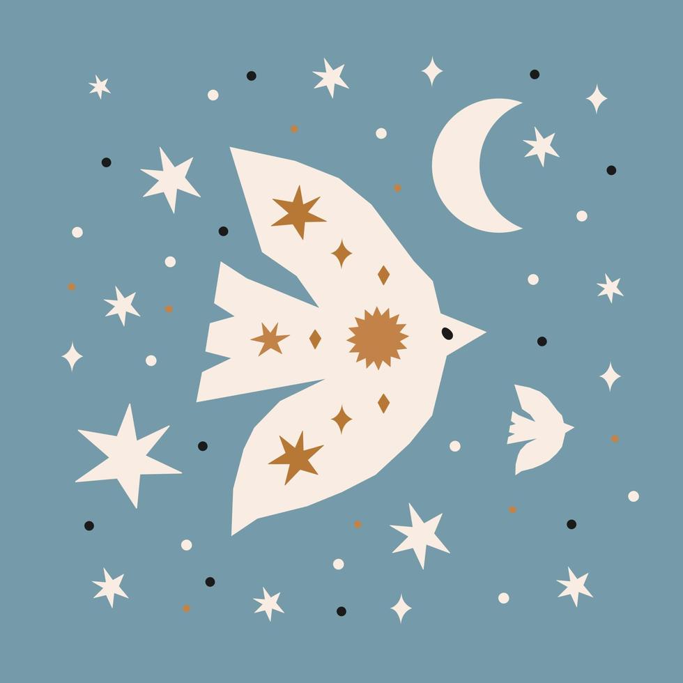 abstrakter zeitgenössischer Druck mit schneidenden Vögeln, Mond und Sternen auf blauem Hintergrund. moderne handgezeichnete Wandkunstdekoration. Vektor-Illustration vektor