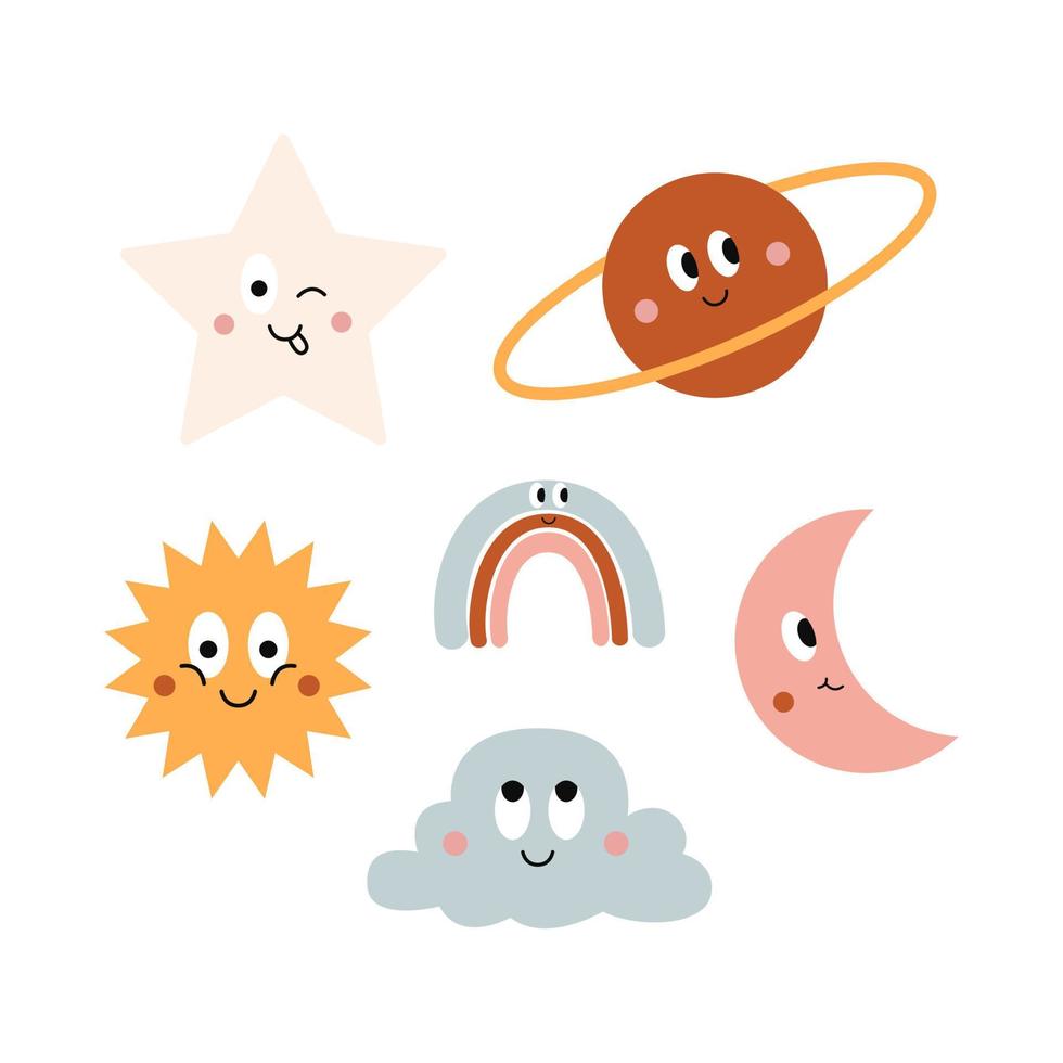 bunte Reihe von lustigen Cartoon-Symbolen Sonne, Wolke, Planet, Mond und Regenbogen einzeln auf weißem Hintergrund vektor