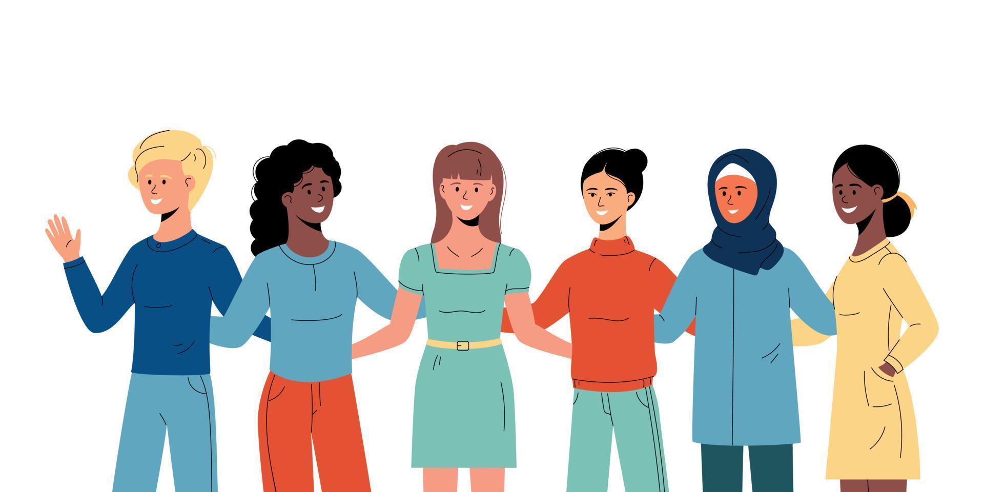 sechs Frauen verschiedener Nationalitäten und Kulturen, die sich umarmen. Internationaler Frauentag. vektor