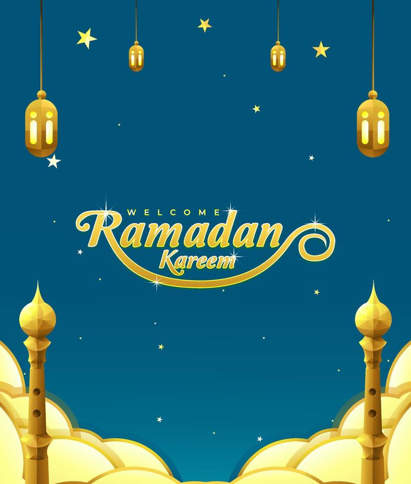ramadan kareem poster mit halbmonddekoration, laterne, moscheenturm und wolke vektor
