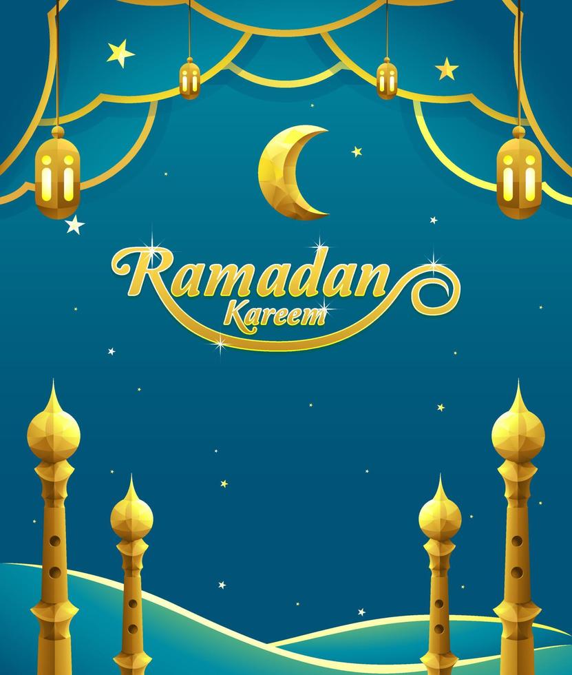 ramadan kareem hintergrund mit halbmonddekoration, laterne, moscheenturm vektor