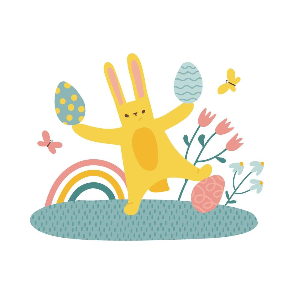 kleiner Hase jongliert und spielt mit Ostereiern. süße gelbe Kaninchen mit verzierten Eiern auf weißem Hintergrund. isolierte kindliche vektorillustration vektor