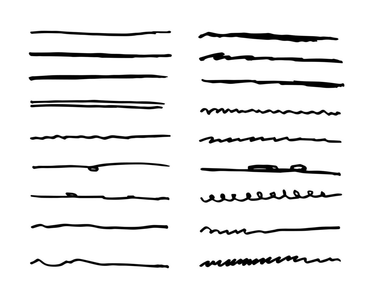 Vektorsatz von handgezeichneter Unterstreichung. Sammlung schwarzer Kritzelpinselstriche. Filzpinsel schmiert Streifen. vektor