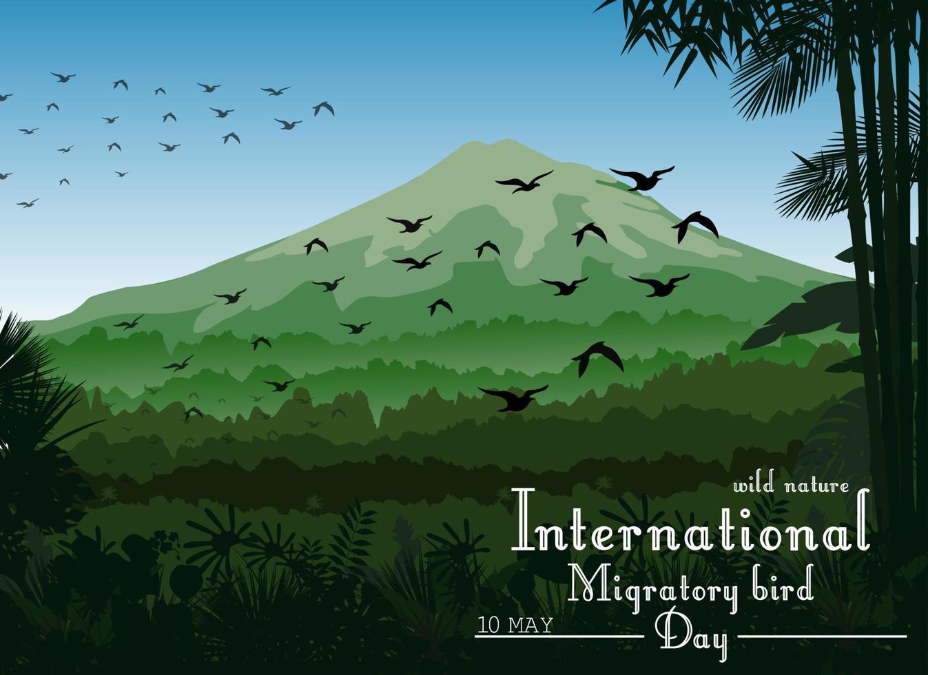 bergslandskap av tropisk bakgrund med flygande fåglar för fåglars flyttdag vektor