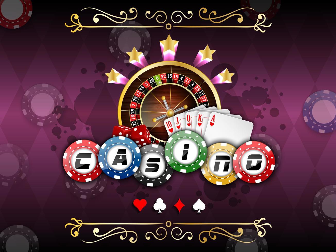 bakgrund lila med casino roulette hjul och spelkort och marker vektor