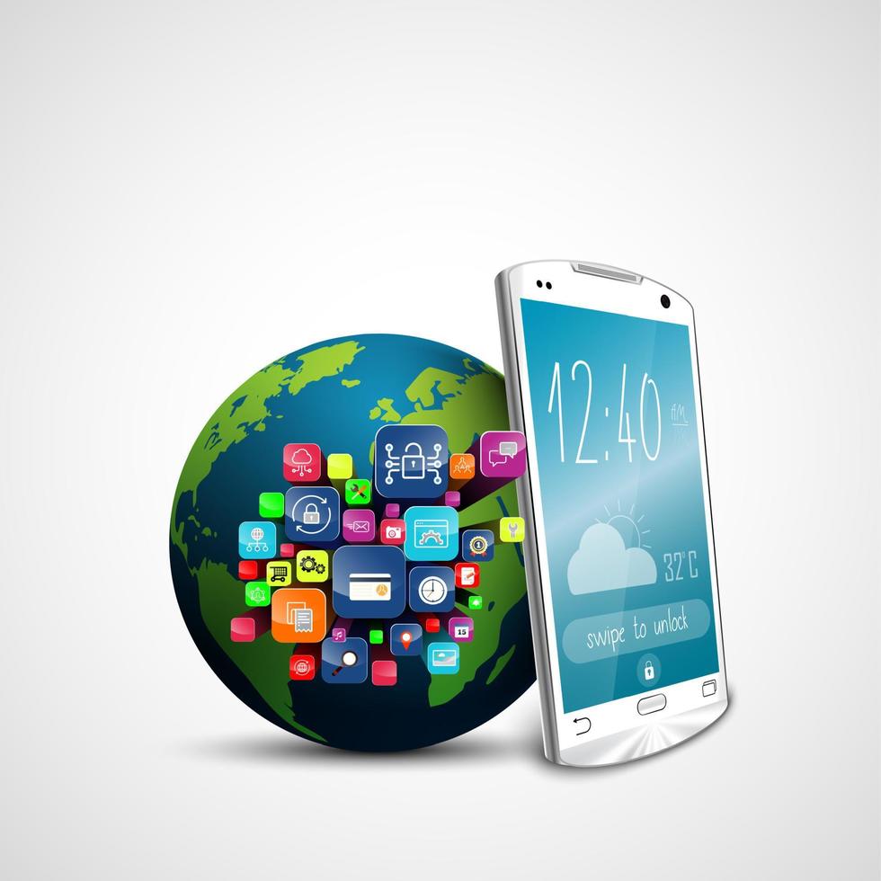 weißes Touchscreen-Smartphone mit Anwendungssymbolen und grüner Erdkugel isoliert auf weißem Hintergrund. 3D-Darstellung vektor