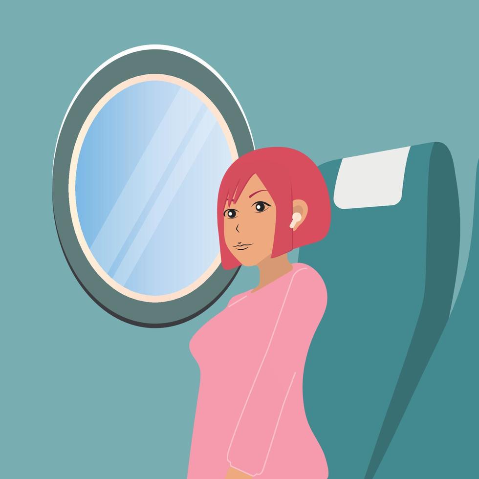 Mädchen reist mit dem Flugzeug. der Passagier hört Musik in drahtlosen Kopfhörern. sicheres Flugkonzept vektor