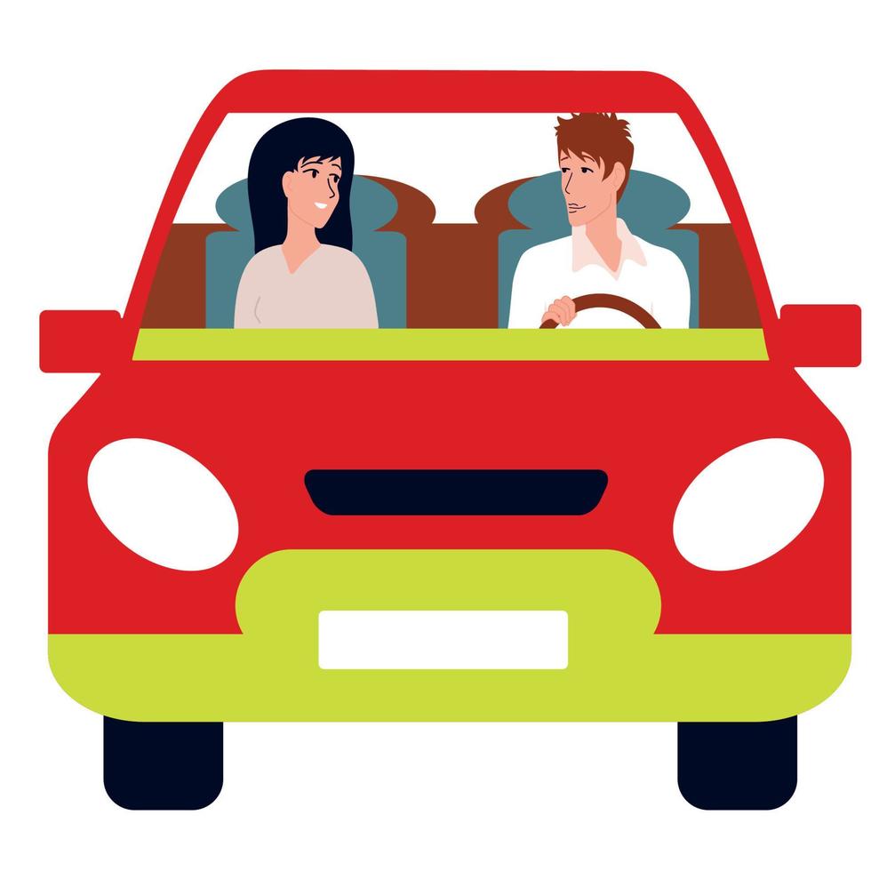 Fahrt. Ein liebender Mann und eine Frau fahren in einem roten Auto. der Typ fährt. Mann und Frau, Familienausflug vektor