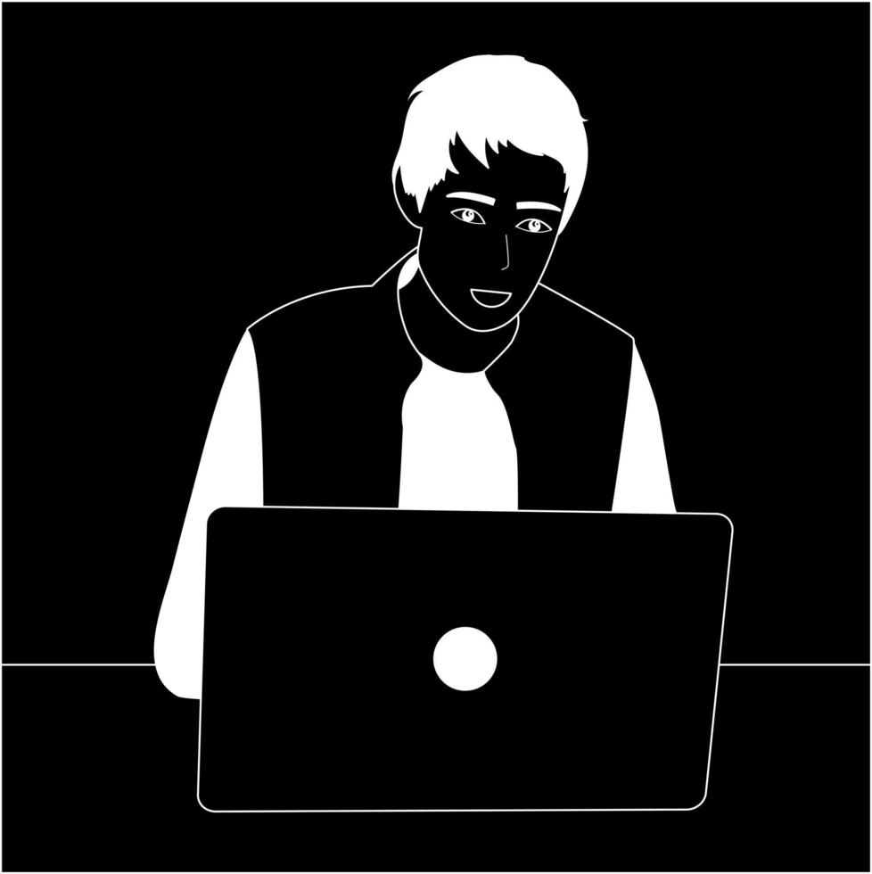 svart och vit vektor illustration hand ritning linje. killen jobbar vid den bärbara datorn