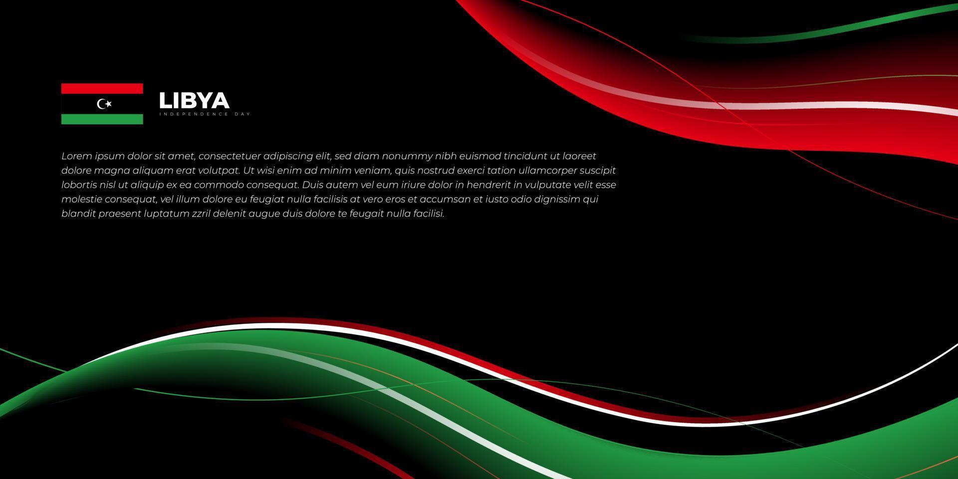 svart bakgrundsdesign med viftande röda och gröna linjer. libyens självständighetsdag malldesign. vektor