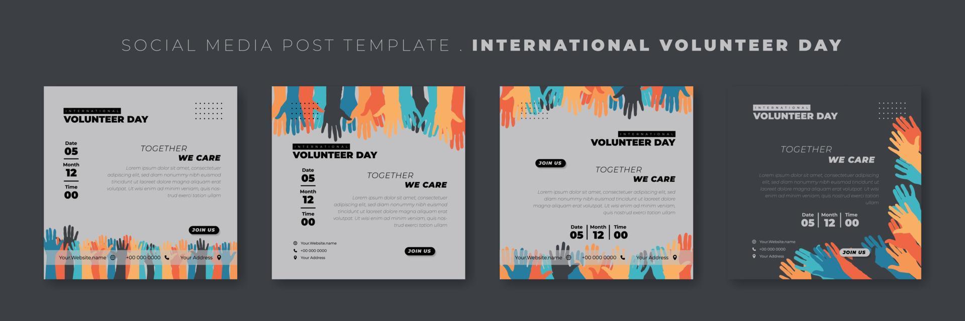 uppsättning av sociala medier post mall med händer design. internationella volontärdagen malldesign. vektor