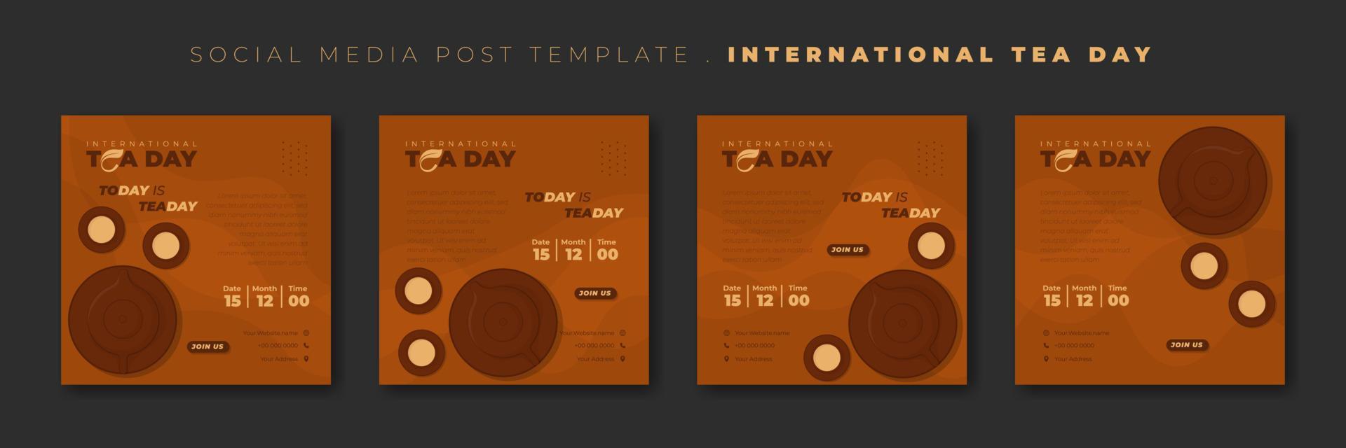 uppsättning av sociala medier post mall med tekopp och tekanna design. malldesign för internationell tedag. vektor