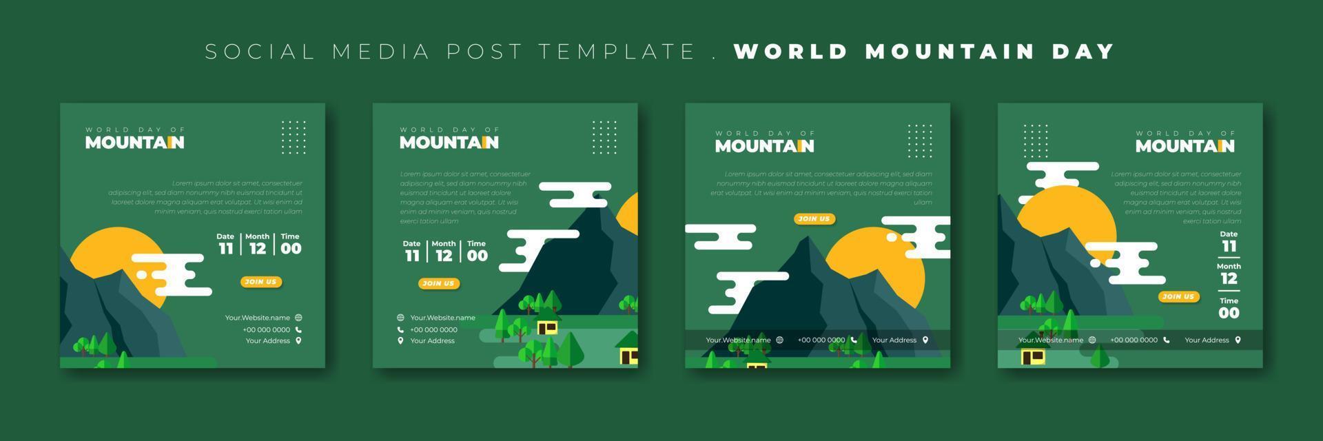 Satz von Social-Media-Beitragsvorlagen mit berggrünem Umgebungsdesign. internationales bergtag-vorlagendesign. vektor