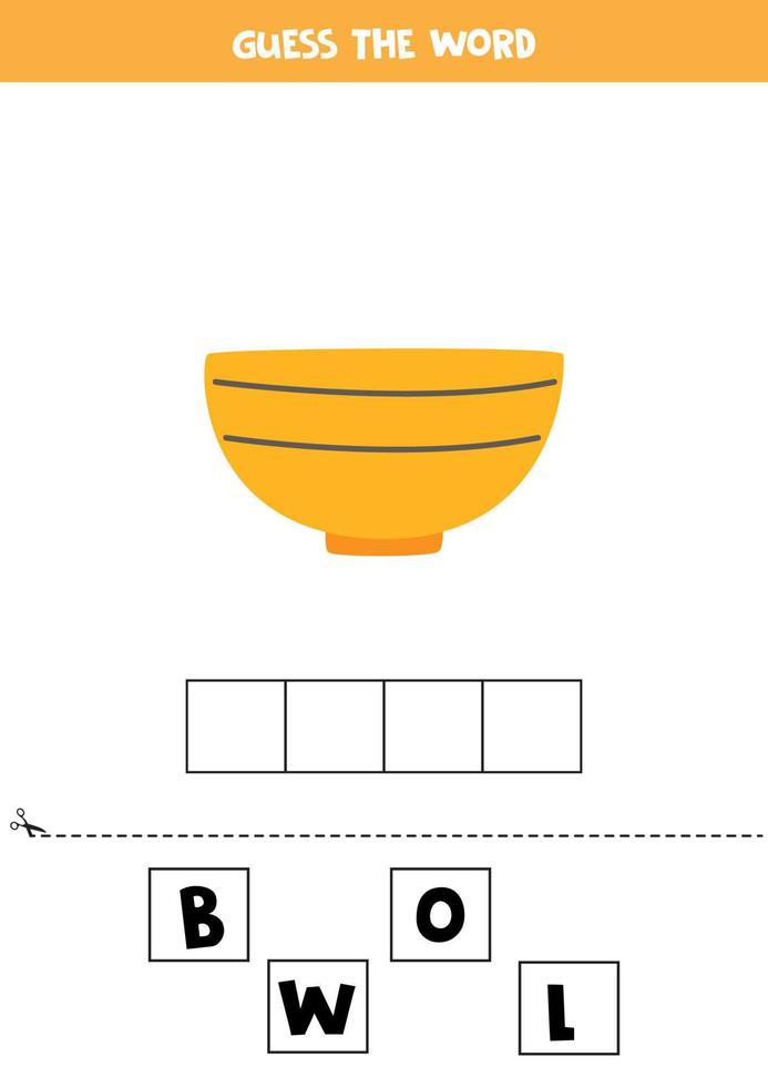 Rechtschreibspiel für Kinder. süße Cartoon-Schüssel. vektor