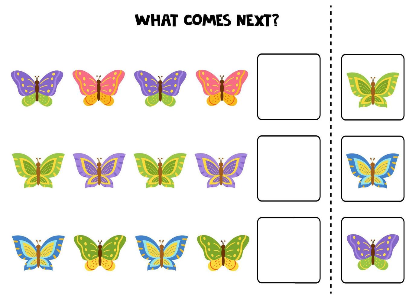 vad kommer nästa spel med söta färgglada fjärilar. vektor