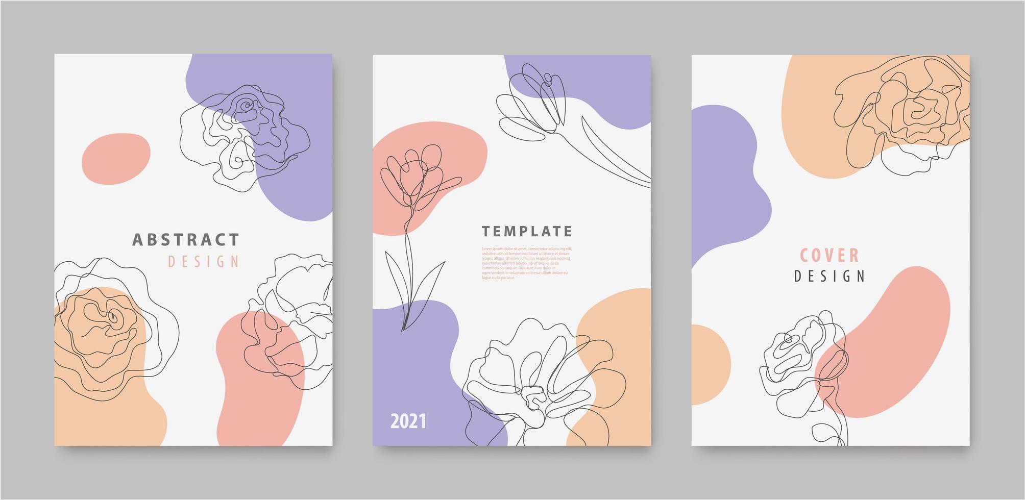 vektor uppsättning av kontinuerlig linje blommor, blad omslag, banderoller, affischer, kort, sociala medier berättelser, flygblad designmallar. trendig design med vågor