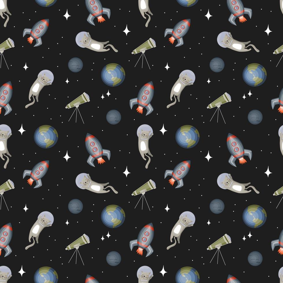 doodle seamless mönster med rymdtema. planeter, stjärnor, raketer på en svart bakgrund. söt platt vektorillustration. vektor