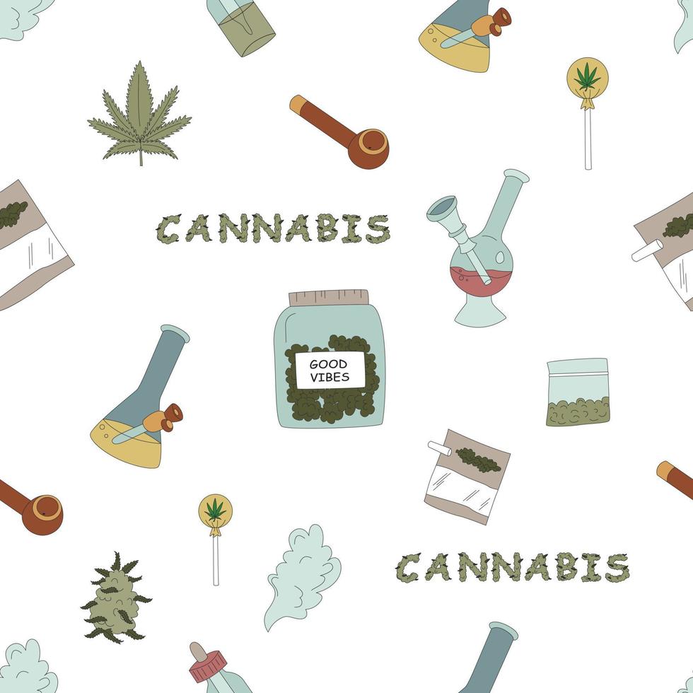 hand gezeichnetes cannabis, nahtloses muster der marihuana-elemente. Feuerzeug, Pizza, Cupcakes und mehr. flache Vektorillustrationen vektor