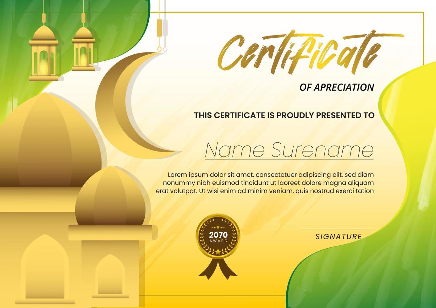 certifikat med moskébakgrund och grönguld akvarell lämplig för ramadan konceptmall vektor